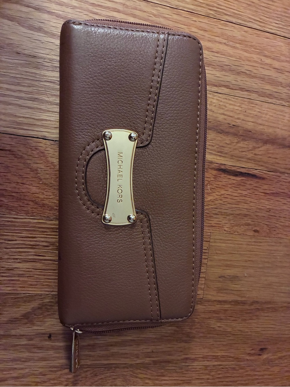 Michael Kors Taupe Brown Leather Zip Wallet with Gold Plate